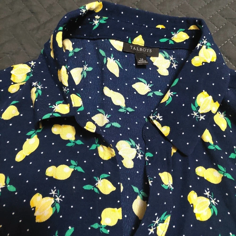 Talbots Shirt Dress 14 Navy Yellow Lemons Button Front Belted Midi Cottage Core - Picture 7 of 12
